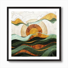 Straight and broken flowing lines and tree shapes, gold, sage, orange, lemon and brown calligraphy drawing in the form of a tropical ocean. 1 Art Print