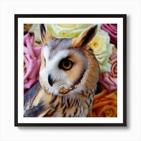 owl with Siberian Husky colors, Chameleon roses 2 Art Print