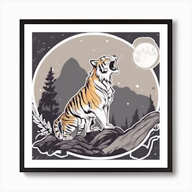 Sticker Art Design, Tiger Howling To A Full Moon, Kawaii Illustration, White Background, Flat Colors Art Print