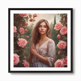 Wall painting of a beautiful girl in a rose garden Art Print