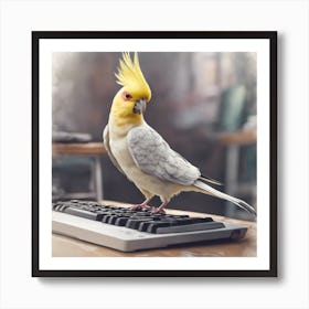  Cockatiel Bird Standing On Computer Keyboard  Art Print