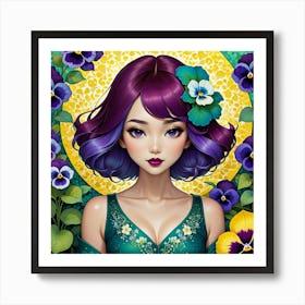 Girl With Purple Hair And Pansies Art Print