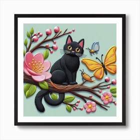 Black Cat With Butterflies Art Print