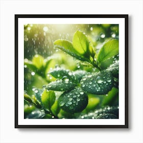 Raindrops On Green Leaves Art Print