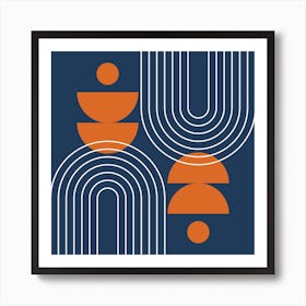 Mid Century Modern Geometric Abstract Rainbow Sun Moon Phases in Navy Blue Burnt Orange 1 Art Print