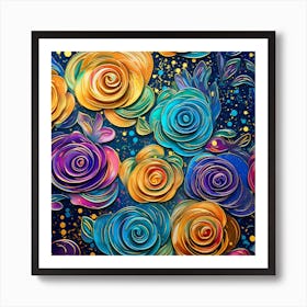 Colorful Roses On A Blue Background Art Print