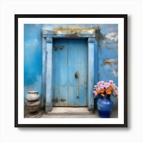 Blue wall. An old-style door in the middle, silver in color. There is a large pottery jar next to the door. There are flowers in the jar Spring oil colors. Wall painting.1 Art Print