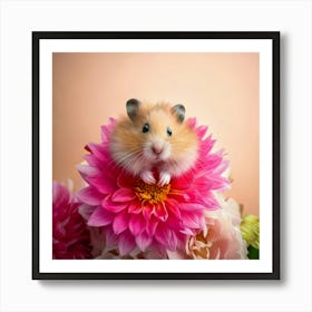 Firefly Cute, Hamster, Pink Dahlia, Bright Colors, Neutral Background, Adorable, Charming, Vibrant, (9) Art Print