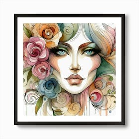 Watercolor Of A Woman With Flowers 16 Art Print