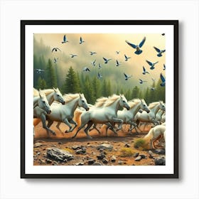 Majestic Freedom: A Symphony of Wild Horses and Soaring Birds Art Print