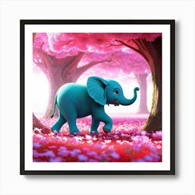 Round Turquoise Elephant Calf Wandering Through A Surreal Forest Brimming With Radiant Pink Flora F Art Print