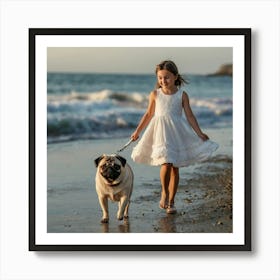 Little Girl With Pug On Beach Art Print