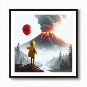 It'S A Beautiful Day a boy wearing a yellow rain coat holding a red ballon, standing in front of a smokey volcano, digital art Art Print