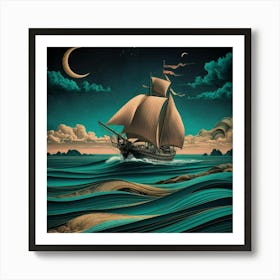 Sailing Ship At Night Art Print