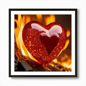 Hot Love Glowing Glas Heart In Fire Art Print