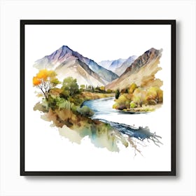 Watercolor Of Mountains And River 1 Art Print