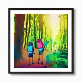 Two Hikers In The Forest Art Print