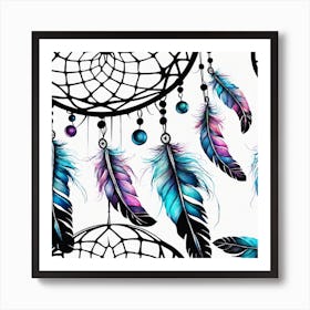 A Collection Of Dream Catcher With Feathers And Pearls - Minimal Color Illustration Art Print