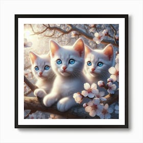 Three Kittens In Cherry Blossoms 2 Art Print