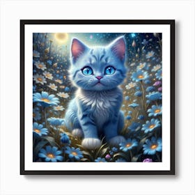 Blue Kitten In A Flower Field Art Print