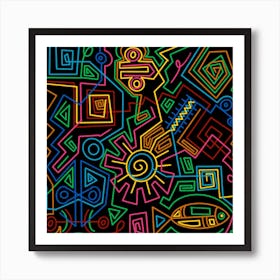 Colorful Doodles Inspired By the Egyptian culture In A Modern Abstract Style Black Background Art Print