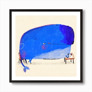 Whale Sitting At Desk Drawing Square Art Print