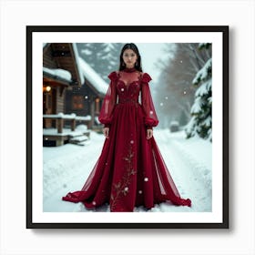 Woman In A Red Dress In The Snow Art Print