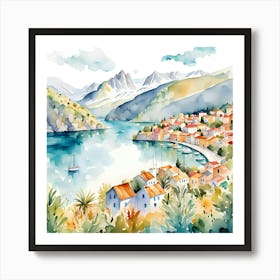 Watercolor Of A Scandinavian Village And Mediterranean Landscapes Art Print