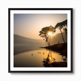 Lake, Mountain, Forest, Sun, Birds 1 Art Print