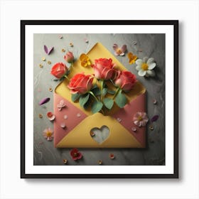 An open red and yellow letter envelope with flowers inside and little hearts outside 7 Art Print