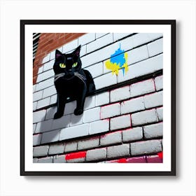 3D, Black Cat On Brick Wall Art Print