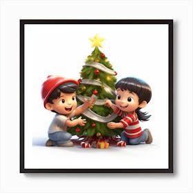 Children Decorating A Christmas Tree Art Print