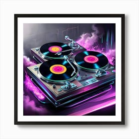 A Highly Detailed, Ultra High Resolution Illustration Of Two Vintage Turntables Spinning Vinyl Records, Blasting Vibrant, Neon Lit 80 S Music, Set Against A Moody, Smoky Background With Subtle Gradient Effects 1 Art Print