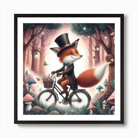 Fox Wearing A Top Hat Riding A Bicycle Through A Magical Forest (2) Art Print