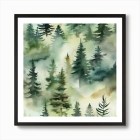 Appalachian Mountains of Misty Pines Watercolor Print of Evergreen Forest..375 Art Print