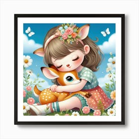 Little Girl Hugging A Deer 1 Art Print