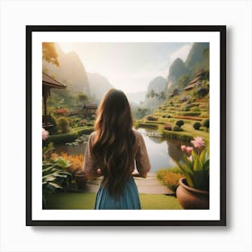 Asian Girl in Beautiful Garden Landscape Art Print