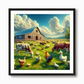 Farm Animals And Chickens Art Print