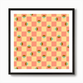 DAPPLED Retro Minimalist Mid-Century Modern Geometric Checkerboard with Polka Dots in Pink Mint Cream Brown Art Print