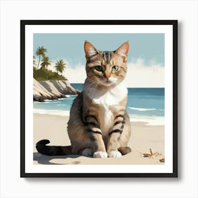 Minimal Art Cat Sitting On The Beach Art Print Art Print