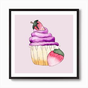 Purple Cupcake And Strawberry Square Art Print