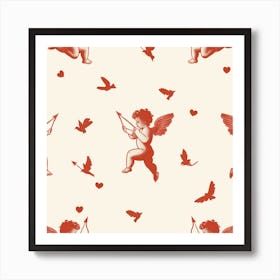 Cupids And Birds Valentines Day Drawing Illustration Art Print