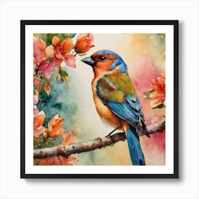 Bird On A Branch Spring Flowers Watercolor Art Print
