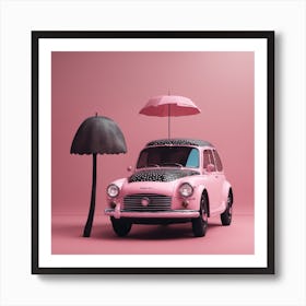 Pink Car With Umbrella Art Print