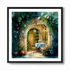 Quiet and attractive dining nook, overgrown flowers, high quality, detailed, highly 3D, elegant carved cart, 6 Art Print