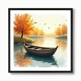 Rustic Boat Drifting In Watercolor Autumn Breeze 1 Art Print