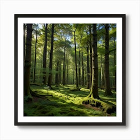 A Tranquil Forest With Towering Green Trees And A Carpet Of Moss Covered Ground, With Dappled Sunlight Creating A Serene And Magical Atmosphere 2 Art Print