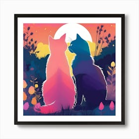 Silhouettes of Cats in the Garden, Orange, Purple, Blue and Pink Art Print