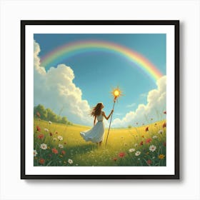 A Woman Standing In A Meadow Of Wildflowers, Holding A Magical Staff, With A Rainbow In The Background Art Print