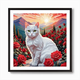 Cat In Roses Art Print